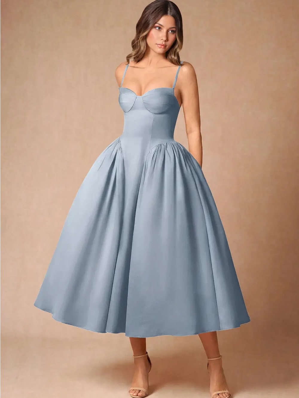 Relana Powder Blue Satin Midi Dress with Sweetheart Bust